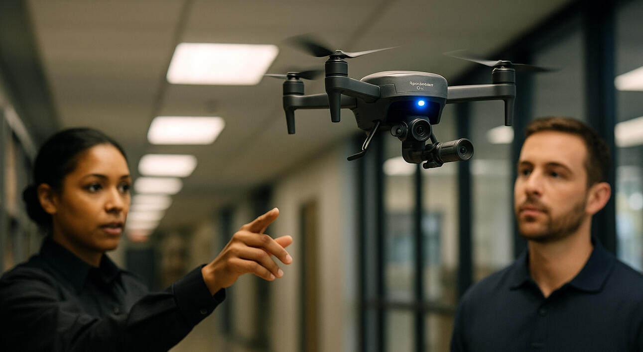 A real-time field deployment of the AeroPartner Scout™ drone during a simulated perimeter breach. The onboard AI initiates a non-lethal deterrent protocol while coordinating with ground partners, showcasing advanced object detection and ethical threat enga