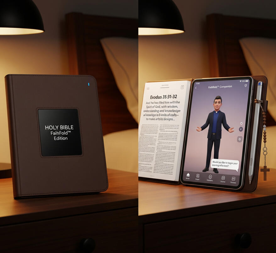 A realistic dual-view render of the FaithFold™ device: closed on a nightstand displaying a digital "HOLY BIBLE – FaithFold™ Edition" screen, and opened to reveal a foldable dual-display interface. One screen shows scripture, while the other presents a full